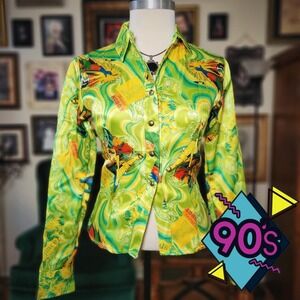 Space Comic Print Blouse Vintage 90s Satin Button Up Psychedelic Pop Art Small
